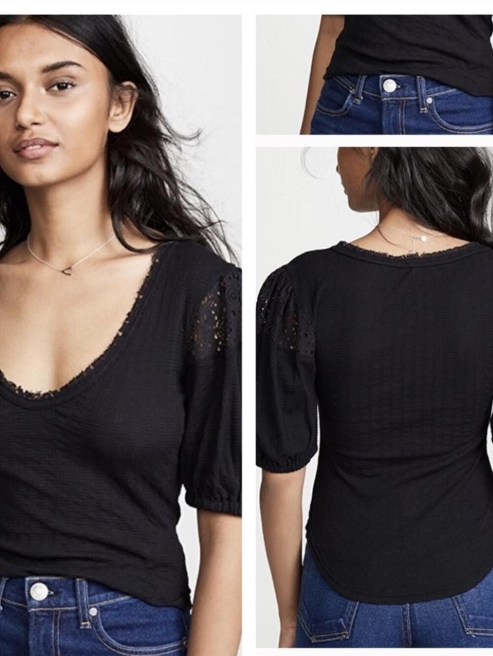 Free People St. James Black Crochet T-Shirt Size Small Layering - Picture 2 of 10